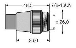 Technische Zeichnung eines zylindrischen Objekts mit Abmessungen: Gesamtlänge 48,5 mm, Durchmesser 26 mm, 7/8-16UN Gewinde.