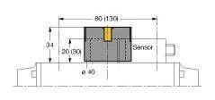 Technische Zeichnung eines Sensors mit angegebenen Maßen: Breite 80 (130), Höhe 34, Tiefe 20 (30), Zylinderdurchmesser 40.