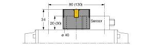 Diagramm eines Sensors mit Abmessungen: Breite 60 mm, Höhe 34 mm, Sensorhöhe 20 mm. Zentrale Markierung zeigt 40 mm Breite.