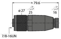 Technische Zeichnung eines Steckers mit Maßen: Länge ca. 79,6 mm, Durchmesser 27 mm. Gewinde 7/8-16UN, Werkzeuggrößen 25 und 16 mm.