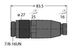 Technische Zeichnung eines Schlauchnippels mit Schraubengrößen 25 und 16, Länge 83,5 mm, Durchmesser 27 mm, Gewinde 7/8-16UN.