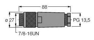 Technische Zeichnung eines zylindrischen Adapters mit Abmessungen: Länge 88 mm, Durchmesser 27 mm. Gewinde: 7/8-16UN, PG 13,5.