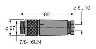 Technische Zeichnung eines zylindrischen Steckverbinders mit Maßen: Länge 88 mm, Durchmesser 27 mm, Gewinde 7/8-16UN, Anschlussbereich 8-10 mm.
