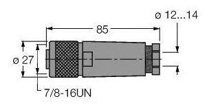 Technische Zeichnung eines Metallanschlusses mit den Maßen: Länge 85 mm, Durchmesser 12-14 mm, 7/8-16UN Gewinde, ø 27 mm.