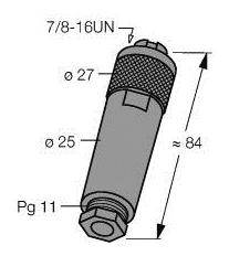 Technische Zeichnung eines Zylinders mit den Maßen: Länge ca. 84 mm, Durchmesser 27 mm und 25 mm, Gewindegrößen 7/8-16UN und Pg 11.