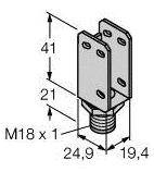Technische Zeichnung: Halterung mit Gewinde M18 x 1, Gesamtlänge 41 mm. Zwei parallele Platten mit Löchern und Maßen.