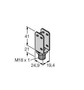 Technische Zeichnung eines Metalladapters mit M18x1-Gewinde. Maße: Höhe 41 mm, Breite 24,9 mm, Tiefe 19,4 mm, Lochabstand 21 mm.