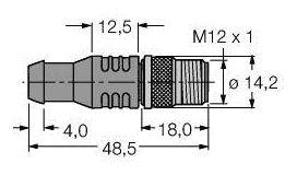 Technische Zeichnung einer Schnellkupplung. Maße sind angegeben: Gesamtlänge 48,5 mm, Durchmesser 14,2 mm, mit M12 x 1 Gewinde.