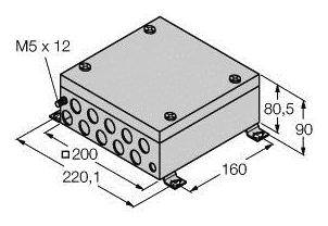 Diagramm einer rechteckigen Metallbox mit Schraubendetails M5 x 12. Maße sind 220,1 x 160 x 90 mm. Weitere Angaben sind 200 und 80,5 mm.