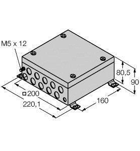 Technische Zeichnung eines rechteckigen Gehäuses mit den Maßen 220,1 x 160 x 90 mm. Markierungen für Schrauben und Löcher sind sichtbar.