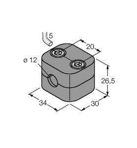 Technische Zeichnung eines rechteckigen Bauteils mit Bohrungen und Maßen: 34x30x26,5 mm, Lochdurchmesser 12 mm, Winkel 5°.