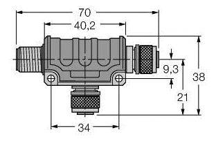 Technische Zeichnung eines Steckverbinders mit Maßen: Länge 70 mm, Breite 34 mm, Höhe 38 mm, Kabeldurchmesser 9,3 mm.