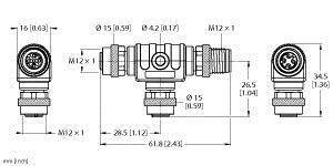 Technische Zeichnung eines T-Stücks mit M12 x 1 Gewinden. Maße: Länge 61,8 mm, Breite 26,5 mm, verschiedene Abstandswerte gezeigt.