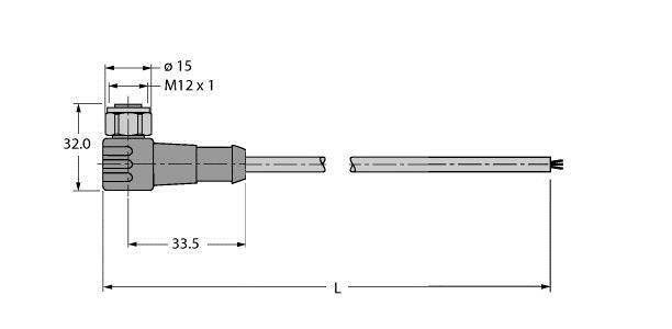 Technische Zeichnung eines M12-Steckverbinders mit Abmessungen: Länge 33,5 mm, Durchmesser 15 mm, Gewinde M12 x 1.