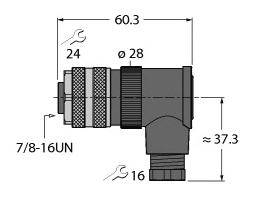 Das Bild zeigt eine technische Zeichnung eines L-förmigen Rohrs mit Maßen: 60,3 mm Länge, 28 mm Durchmesser und Schlüsselweiten 24 und 16.