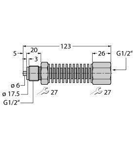 Technische Zeichnung: Flexible Schlauchleitung, Länge 123 mm, mit Maßen für Gewindeverbindungen (G1/2