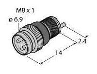 Technische Zeichnung eines Steckverbinders, zylindrische Form, markiert mit 'M8 x 1', Durchmesser 6,9 mm, Länge 14 mm, Tiefe 2,4 mm.