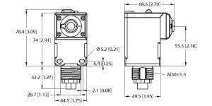 Technische Zeichnung eines Ventils mit Maßen: Höhe 78,4 mm, Breite 68,6 mm, Gewinde M30x1,5, Detailansicht von vorne und seitlich.