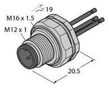 Steckverbinder mit zwei Größenangaben: 'M16 x 1.5', 'M12 x 1' und Schlüsselweite '19'. Breite '20.5' angegeben.