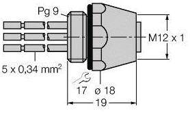 Technische Zeichnung eines zylindrischen Steckers mit M12-Gewinde und drei Kabeln. Maße sind Ø18 mm, Länge 19 mm und Pg 9.