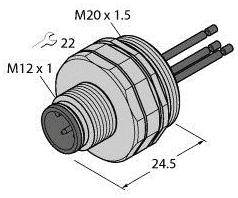 Abbildung eines elektrischen Steckverbinders mit den Maßen M20 x 1.5 und M12 x 1. Kabelstecker mit einem Durchmesser von 24,5 mm.