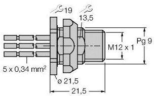 Technische Zeichnung eines elektrischen Steckers mit Maßen: Durchmesser 21,5 mm, Gewinde M12 x 1, Kabelquerschnitt 5 x 0,34 mm².