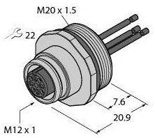 Technische Zeichnung eines Steckverbinders mit den Maßen: M20 x 1.5, Länge 20.9 mm, Durchmesser 7.6 mm, Gewinde M12 x 1. Enthält zwei Schrauben mit der Nummer 22.