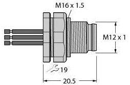 Technische Zeichnung eines Steckverbinders mit Gewinden M16 x 1,5 und M12 x 1. Länge 20,5 mm und Breite für Schlüssel 19 mm.