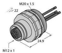 Ein technischer Diagramm zeigt einen runden Stecker mit zwei Kabeln. Oben steht 'M20 x 1.5', unten 'M12 x 1'. Ein Werkzeug mit '22' ist links.