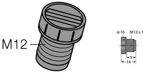 Diagramm eines M12-Schraubverschlusses mit Maßen: Durchmesser 16 mm, Gewinde M12 x 1, Gesamtlänge 14 mm, Gewindelänge 9 mm.