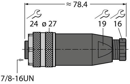 Technische Zeichnung eines Steckverbinders mit Abmessungen: Länge ca. 78,4 mm, Gewinde 7/8-16UN. Schlüsselweiten: 24, 19 und 16 mm.