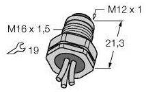 Technische Zeichnung eines sechseckigen Steckers mit drei Kabeln. Maße: M16 x 1,5, M12 x 1; Länge 21,3 mm. Maulschlüsselgröße 19.