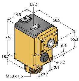 Technische Zeichnung eines kubischen Bauteils mit LED-Anzeige. Detaillierte Maße: Breite 44,5 mm, Höhe 74,1 mm, Tiefe 68,9 mm.