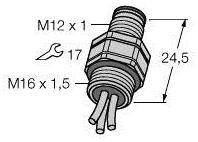 Technische Zeichnung eines Verbindungselements mit M12x1 und M16x1,5 Gewinde. Abmessungen: 24,5 mm Länge, Schlüsselweite 17.