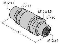 Technische Zeichnung eines Verbindungsstücks mit Maßen: M12 x 1, M16 x 1.5, Gesamtlänge 53.3 mm, mit Symbolen für Schraubenschlüsselgröße 17 und 19.