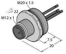 Technische Zeichnung eines zylindrischen Metallsteckers mit Gewindeangaben: M20 x 1.5, M12 x 1, sowie Längenmaße 20 und 7.5 mm.
