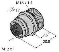 Abbildung eines Steckverbinders mit Gewinde M16 x 1.5 und M12 x 1. Diagramm zeigt Maße 20.8 mm Länge und 7.5 mm Durchmesser.