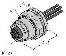 Technische Zeichnung eines elektrischen Steckverbinders mit M16-Gewinde, 19 mm Schlüsselweite, und 21,3 mm Länge, Anschluss: M12 x 1.