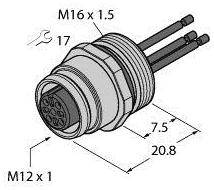 Anschlussstecker mit Flanschmaß 20,8 mm und Gewinde M16 x 1,5. Abmessung M12 x 1. Schraubenschlüsselgröße 17 mm.