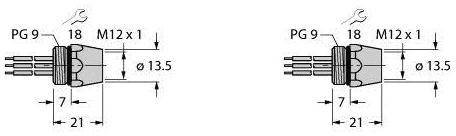 Zwei technische Zeichnungen von Steckverbindern mit Abmessungen, einschließlich PG 9, 18 mm, M12 x 1, Durchmesser 13,5 mm, Länge 21 mm.