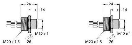 Technische Zeichnung von zwei identischen Steckern mit M20 x 1,5 und M12 x 1 Gewinde. Beide haben die Maße 24 mm und 14 mm.