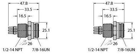 Technische Zeichnung von zwei Absperrventilen mit Maßen. Links: '1/2-14 NPT', rechts: '7/8-16UN'. Beide 47,8 hoch.