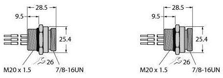 Zwei technische Zeichnungen von Steckverbindern mit Maßen und Gewindetypen: links M20 x 1.5; rechts 7/8-16UN, Länge 28.5 mm, Durchmesser 25.4 mm.