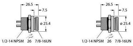 Diagramm zeigt zwei Seitenschnittansichten eines zylindrischen Teils mit Beschriftungen: '1/2-14 NPSM', '7/8-16UN' und Maße in mm.