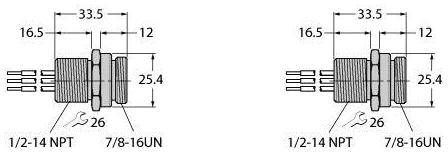 Technische Zeichnung von zwei Gewindetypen: Links '1/2-14 NPT', rechts '7/8-16UN'. Beide mit Durchmesser 33,5 mm und Höhe 25,4 mm.