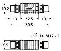 Technische Zeichnung eines Zylinders mit Maßen: Gesamtlänge 70,5 mm, Segmentlängen 19 mm, 32,5 mm, Durchmesser 19,2 mm, Gewinde M12x1.