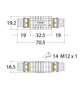 Technische Zeichnung eines Rohrverbinders mit Maßen: Gesamtlänge 70,5 mm; Hauptteil 32,5 mm; Anschlussdurchmesser 19,2 mm.