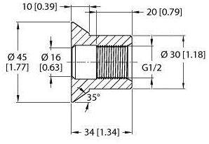 Technische Zeichnung eines Verbindungsstücks mit Maßen in Zoll und Millimeter. Zeigt Gewinde und Winkel von 35 Grad.
