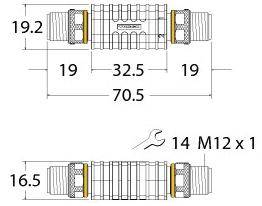 Technische Zeichnung eines drehbaren Verbindungselements mit Abmessungen: Gesamtlänge 70,5 mm, Breite 19,2 mm, Schlüsselweite M12 x 1.