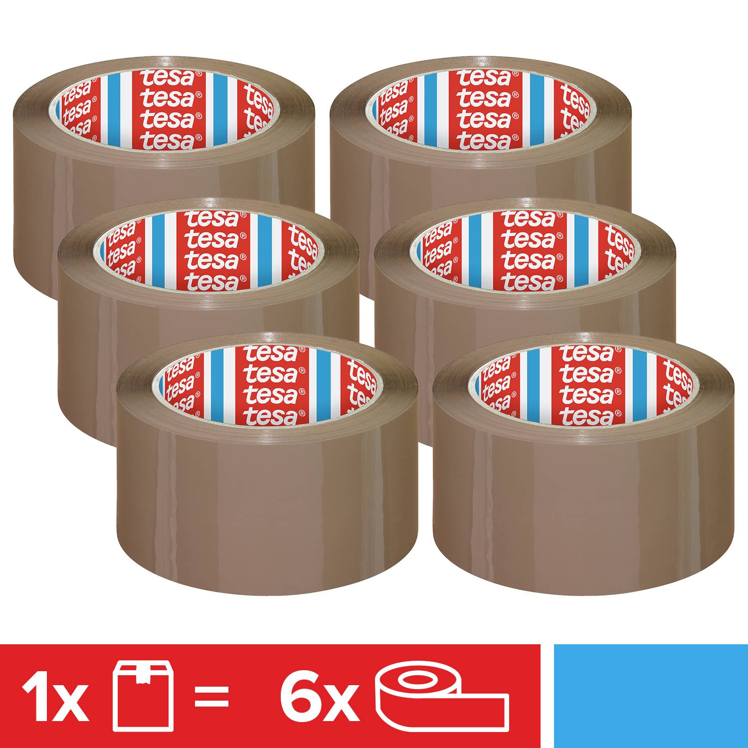 Sechs Rollen braunes Klebeband in zwei Reihen. Oben ist die Innenansicht der Rollen mit Markenlogo sichtbar.